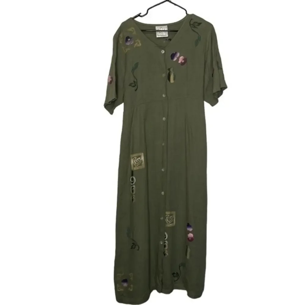 Vintage Play Alegre‎ Hand Painted Green 100% Linen Dress Large (L)